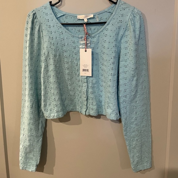LOVESHACKFANCY Jonah Crop Cardigan Powder Blue Size M NWT - Picture 7 of 7